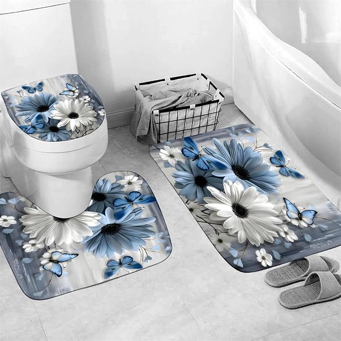 AZHM 4PCS Daisy Shower Curtain Sets with Rugs Blue and White Floral with Butterfly Bathroom Decor Set with Rugs and Accessories Farmhouse Country Shower Curtains for Bathroom