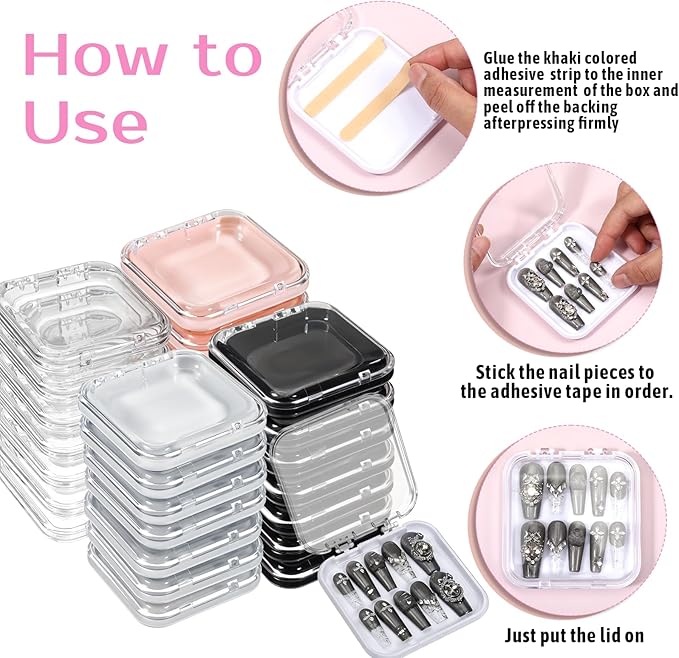 40 Pcs Press On Nail Packaging Box, 3 x 3 x 0.63 Inch Acrylic Nails Display Case with 60 Pcs Adhesive Double Sided Tape, Frosted Strip, Peritectic Rod Fake Nails Storage Case for Nail Salon