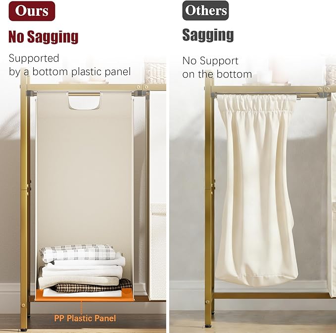 Huhote Laundry Hamper, double Laundry Basket, Laundry Sorter with Top Shelf & 2 Removable Washable Bags & Side Pockets for Laundry Room organization, Bathroom and Dorm, Gold and White