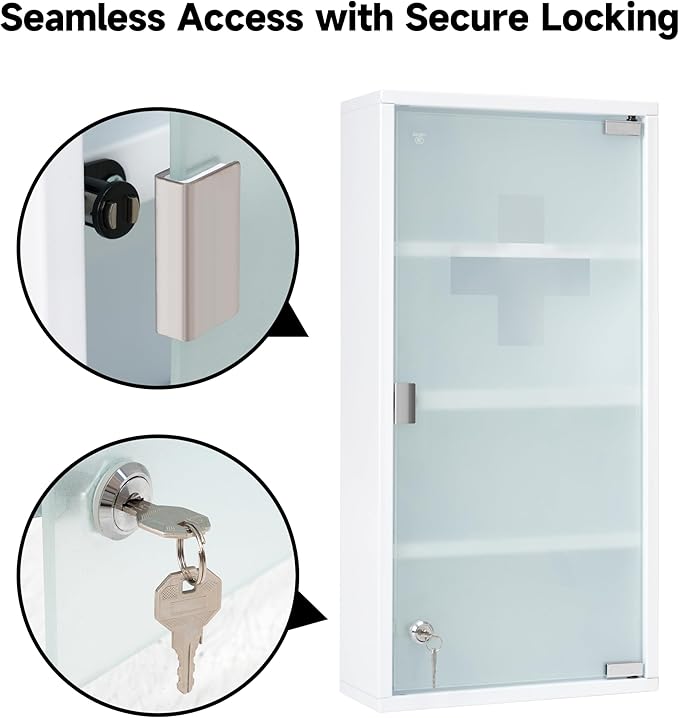 Locking Medicine Cabinet, 11.8" W x 23.6" H x 4.7" D - Wall Mount Metal Medicine Cabinet with Lock, White Medical Cabinet, Frosted Glass Door with Keys and First Aid Cross Sign, 4 Shelves
