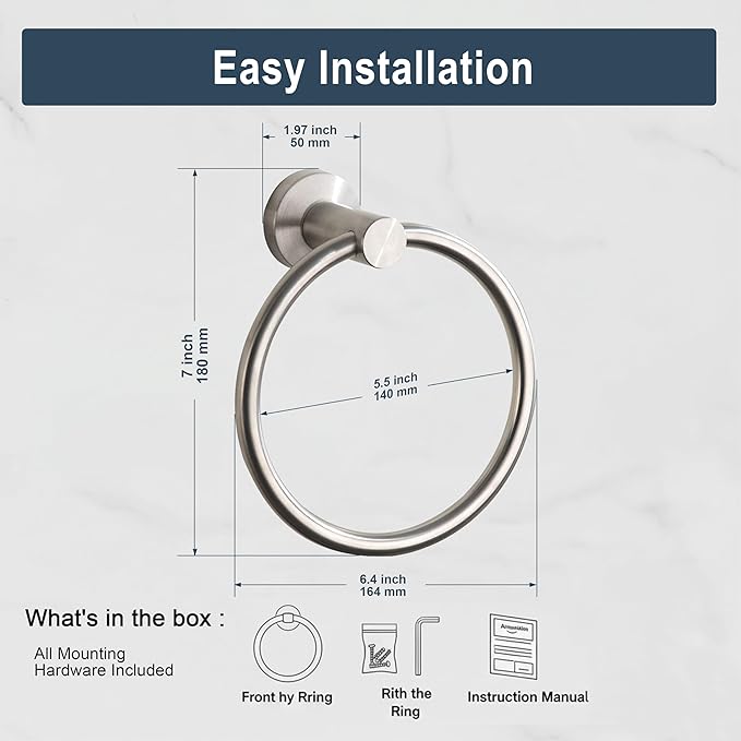 BGL Towel Ring Brushed Nickel, Bath Hand Towel Ring Stainless Steel Round Towel Holder for Bathroom