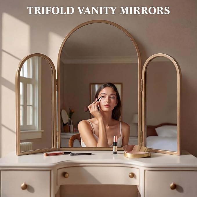 Wonderjune Trifold Vanity Mirrors 3 Way, 30 x 37 in Adjustable Arch Trifold Mirror for Bathroom Bedroom, Decorative Folding 3 Sided Mirror Wall Mounted for Braiding Hair Makeup(Vintage Gold)