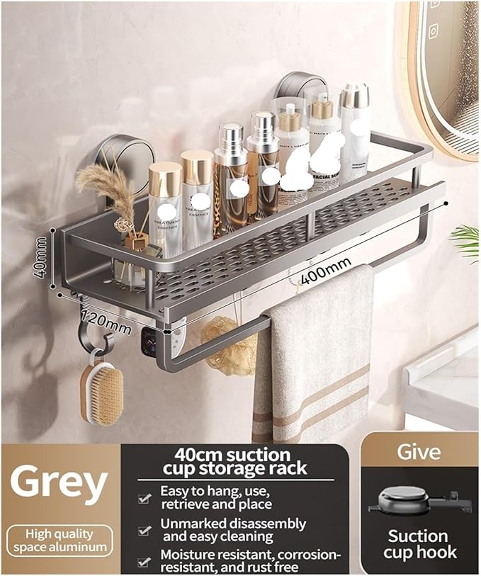 No Drill Suction Cup Suction Bathroom Rack Bathroom Shelf Toilet Space Aluminum Hanging Rack Bathroom Organizer Hang On The Wall(Grey layer 40cm rod)