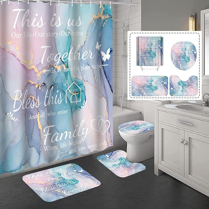 juwute 4Pcs Family Marble Shower Curtain Sets with Rugs,Pink Blue Home Inspirational Bathroom Decor Set, Bathroom Sets with Shower Curtain and Rugs, Waterproof Bathroom Shower Curtains, with 12 Hooks