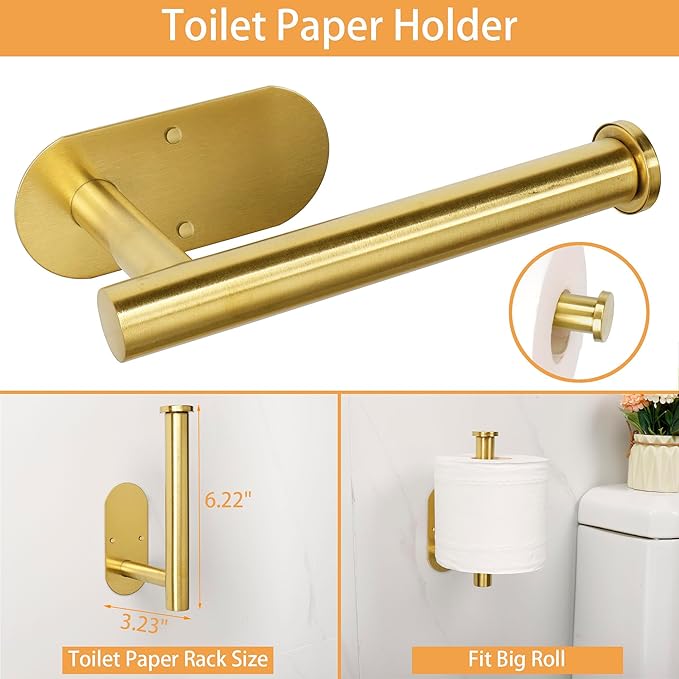 TocTen 5 Pieces Wall Mounted or Self Adhesive Towel Bar Set, Stainless Steel Bathroom Hardware Set Include 16″ Towel Rack, Toilet Paper Holder, 3 Towel Hook, Sticky Bathroom Accessory Kit (Gold)