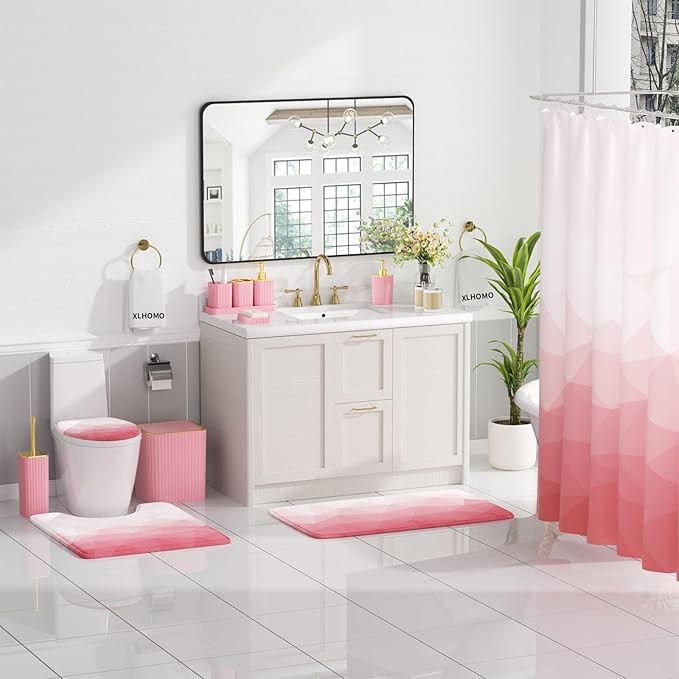 XLHOMO Bathroom Accessory Set - 26PC Bathroom Shower Curtain and Rug Set, Bathroom Accessories Set, Pink Bathroom Set with Trash Can, Toilet Brush, Qtip Holder & Soap Dispenser