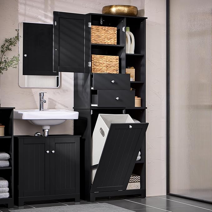 SoBuy Tall Tilt-Out Laundry Hamper Cabinet with Removable Basket and Shelves, Freestanding Laundry Storage Cabinet for Laundry Room or Bathroom, Black BZR104-SCH