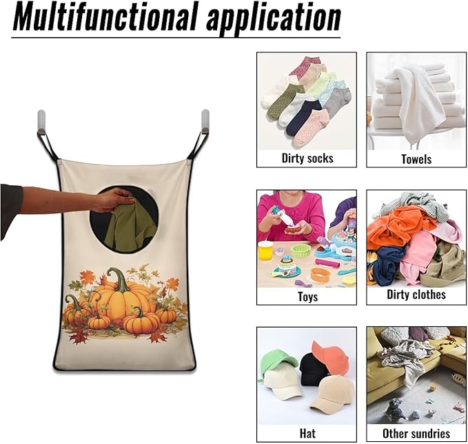 ZOUTAIRONG Hanging Laundry Hamper Clothes Basket Over The Door Laundry Hamper Bag Storage Organizers for Kids Bedroom Dorm Closet Hampers, Thanksgiving Pumpkin