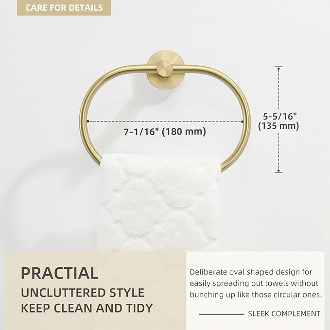 Angle Simple Towel Ring for Bathroom, SUS304 Stainless Steel Swivel Oval Hand Towel Ring Rack for Wall, Brushed Gold