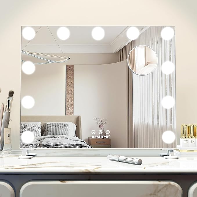 BEAUTME Vanity Mirror with Lights,Dressing Tabletop Vanity Mirror with Led Lights Beauty Mirror, Comes with a Tenfold Magnifying Glass, Intelligent Touch Desktop/Wall Mounted Makeup Mirror