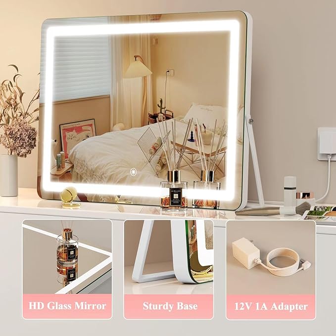 Gvnkvn Ligheted Vanity Mirror with Lights, 14" x 12" LED Makeup Mirror, Hollywood Mirror,3 Modes Light, Smart Touch Control Dimmable, 360°Rotation, Rectangle Gold Frame