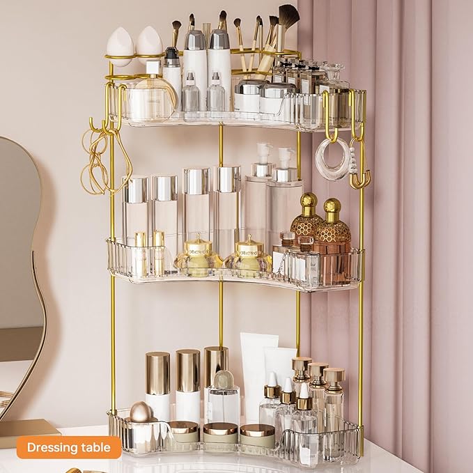 3-Tier Corner Bathroom Counter Organizer，Makeup & Skincare Shelf with Built-in Brush Holder，Space-Saving Bathroom Countertop Organizer for Skincare, Perfume, Cosmetics(Clear)