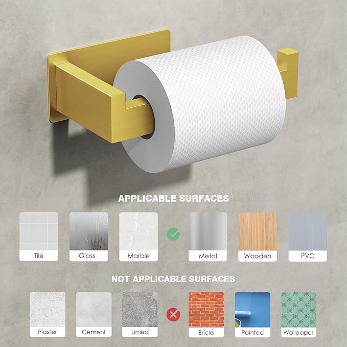 Auxmir No Drilling Self Adhesive Toilet Paper Holder, Premium Rustproof SUS304 Stainless Steel Roll Holder Wall Mount Tissue Holder for Bathroom Kitchen Washroom, Toilet Paper Holder-Gold