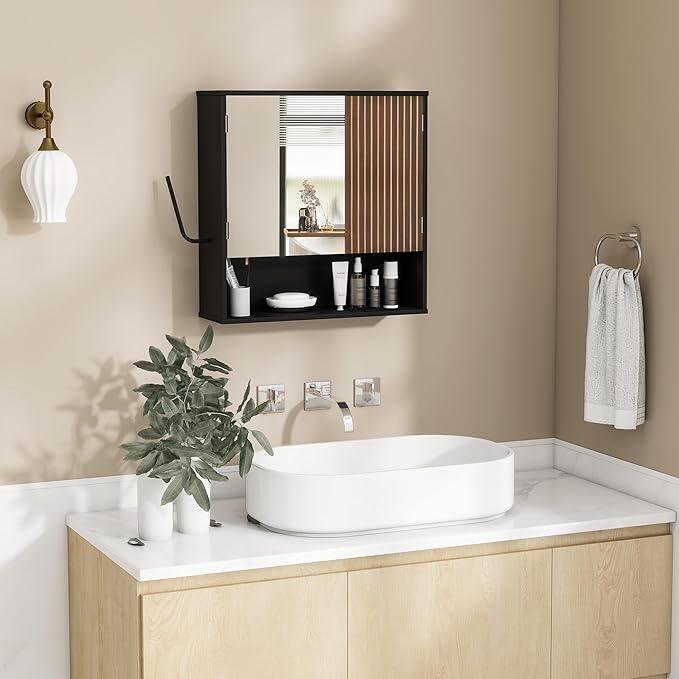 Bathroom Wall Cabinet With Mirror,wall mounted bathroom cabinet,Medicine Cabinet with 2 Door ,Side Hook,Light and Adjustable Shelves,Black Cabinet with Wood Grain,Over The Toilet Space Saver Cabinet.