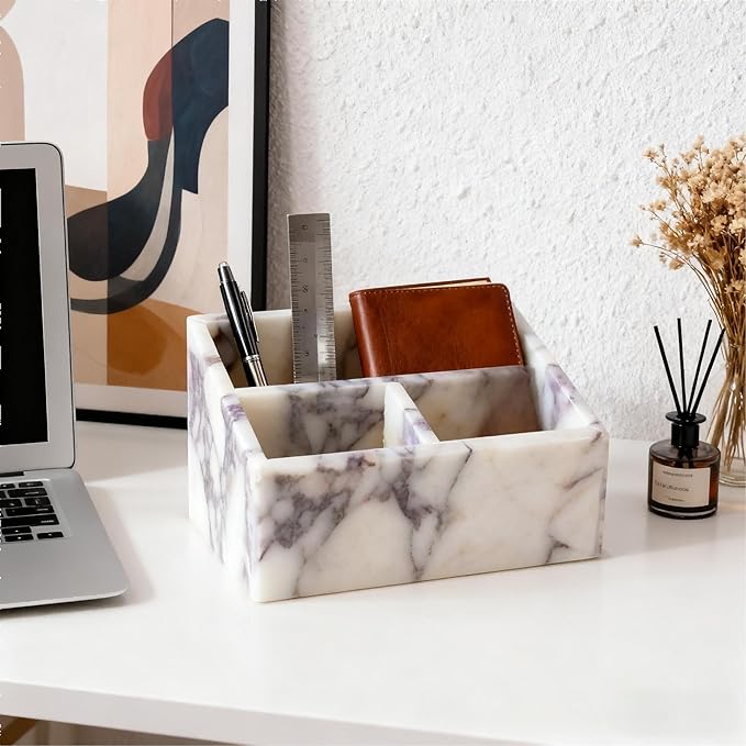 Marble Desk Organizer with 3 Compartments, White and Purple Pattern, Modern Design (White)
