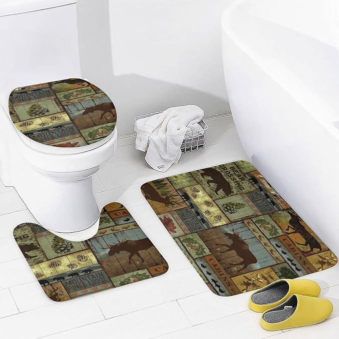 Retro Rustic Style Shower Curtain Sets with Rugs 4 Piece Accessories Bathroom Curtains Shower Set Include Shower Curtain Non-Slip Rug Toilet Lid Cover Bath Mat One Size