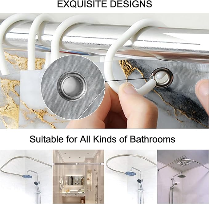 Lnond 4Pcs Marble Bathroom Sets with Shower Curtain and Rugs,White Gold Marble Modern Art Bathroom Shower Curtain Sets with Rugs and Accessories