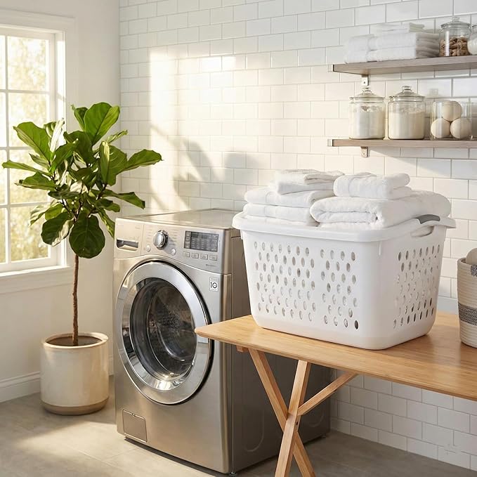 2.7 Bushel Jumbo Laundry Basket - Large Capacity Plastic Clothes Hamper with Reinforced Comfort Grip Handles - Vented Washing Bin for Family Rooms, Dorms, and Bathroom Organization - White