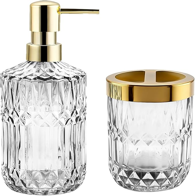 2Pcs White Bathroom Accessories Set, Glass Bathroom Accessories, Vintage Bathroom Countertop Decoration Includes Soap Dispenser, Toothbrush Holder