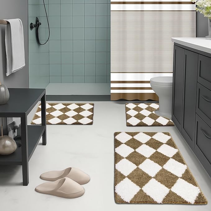 Britimes Brown Stripes Bathroom Sets with Shower Curtain and Rugs, Ombre Modern Minimalist Striped Waterproof Shower Curtain Liner and Soft Non Slip Bath Mat for Bathroom Decor and Accessories Hooks