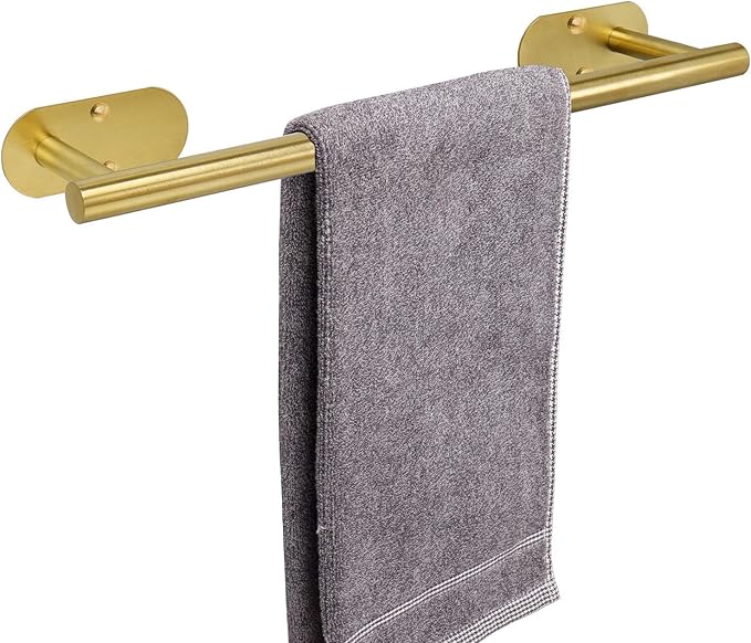 TocTen Self Adhesive Bathroom Towel Bar, Stick Towel Rack for Bathroom, Rustproof Stainless Steel Bath Towel Holder No Damage, Easy to Install Drill Free Towel Rod for Bathroom (Brushed Gold, 16 Inch)