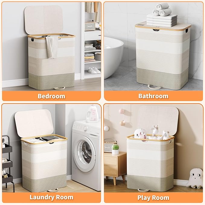 XLHOMO Double Laundry Hamper with Lid and Removable Bags, 150L Large Collapsible 2 Dividers Dirty Clothes Basket with Handles, Beige Double Laundry Basket Organizer for Bedroom,Laundry Room,College