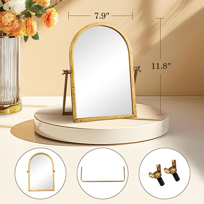Vintage Makeup Desk Mirror, 11.8" L x 7.9" W Antique Gold Vanity Table Mirror, Metal Framed Arched Small Standing Mirrors, 360 Adjustable Rotation Mirrors for Tabletop, Bathroom