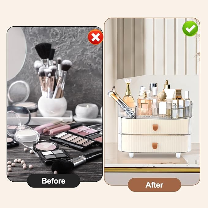 Makeup Organizer Countertop with 2 Drawers and 1 Clear Tray Stackable Skincare Cosmetics Storage Box for Vanity and Bathroom Countertop