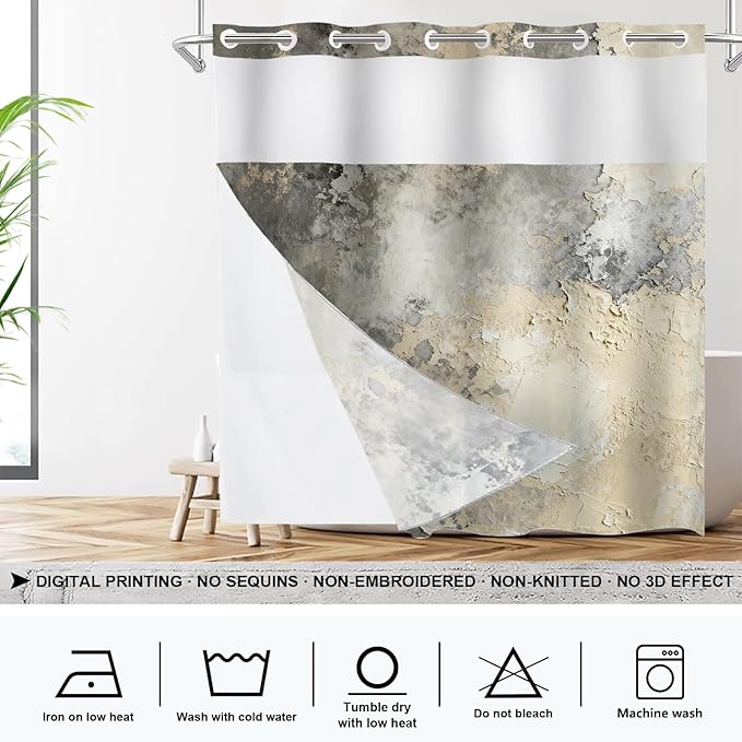 Shrahala Taupe Squares Texture No Hooks Shower Curtain with Snap in Liner Set, Grey and Beige Art Painting Bathroom Décor Polyester Fiber Waterproof for Stall Bathtubs 71 X 74 in