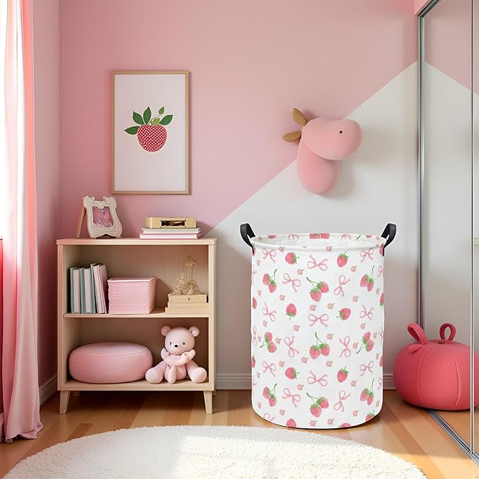 Baby Laundry Hamper kids laundry Basket Waterproof Storage Bin for Bedroom Toy Clothes Organizer Basket Woodland Animals Room D??cor(Bowknot Strawberry)