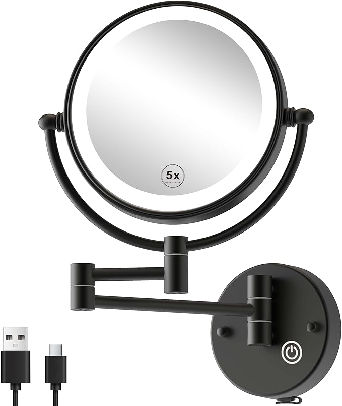 Upgraded Rechargeable Brass Wall Mounted Makeup Mirror with Light 1X/5X Magnifying, Cordless 3-Colors LED Touch Dimmable Extended Arm 360 Rotation Vanity Mirror for Bathroom, Matt Black