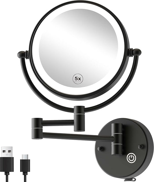 Upgraded Rechargeable Brass Wall Mounted Makeup Mirror with Light 1X/5X Magnifying, Cordless 3-Colors LED Touch Dimmable Extended Arm 360 Rotation Vanity Mirror for Bathroom, Matt Black