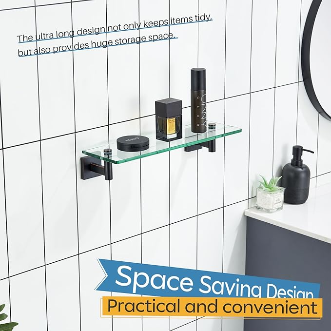 KOKOSIRI 16-Inch Bathroom Shelves Glass Floating Shelf Toilet Roll Holder Toilet Paper Holder Stainless Steel Oil Rubbed Bronze B1105ORB-L16+B2008ORB