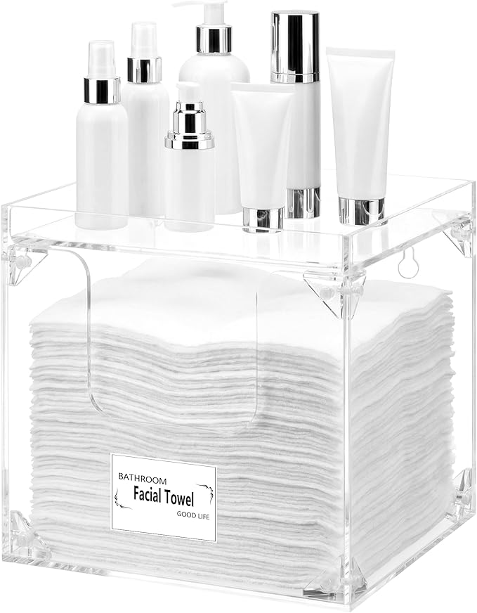 Foldable Facial Towel Holder – Disposable Face Towel Acrylic Storage Box for Bathroom, Clean Skin Club Box with Non-Slip Pads, Clean Towels XL Holder (Excluding Facial Towels)