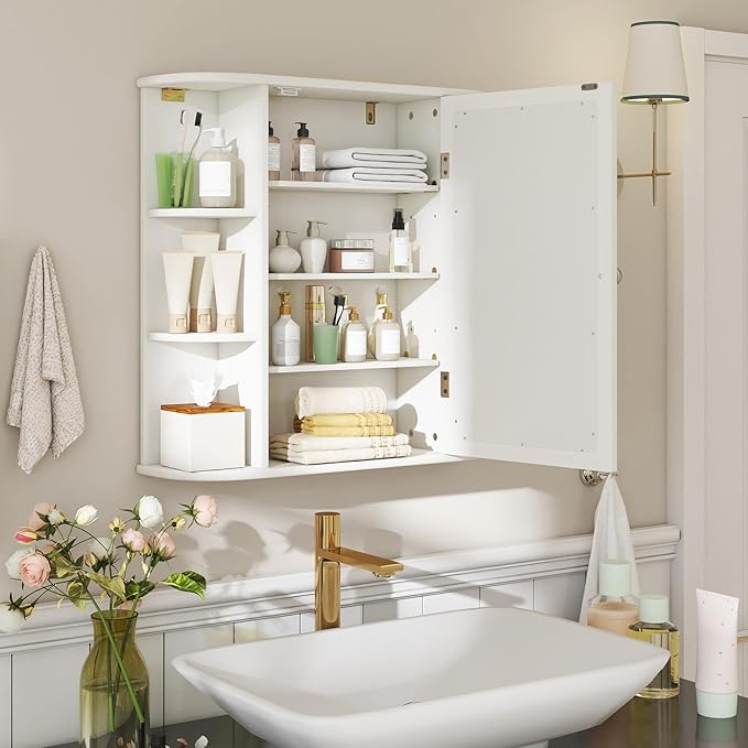 COSTWAY Medicine Cabinet with Mirror, Wall Mounted Bathroom Storage Cabinet with Mirror Door and Adjustable Shelves, Space-Saving Storage Organizer for Living Room Kitchen Entryway (White)