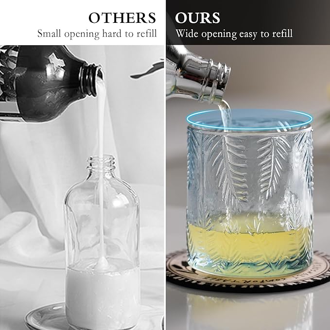 CICUFY Glass Foam Soap Dispenser for Kitchen & Bathroom - Refillable Liquid Soap Dispenser with Large Silver Pump (Leaf Pattern-Blue)