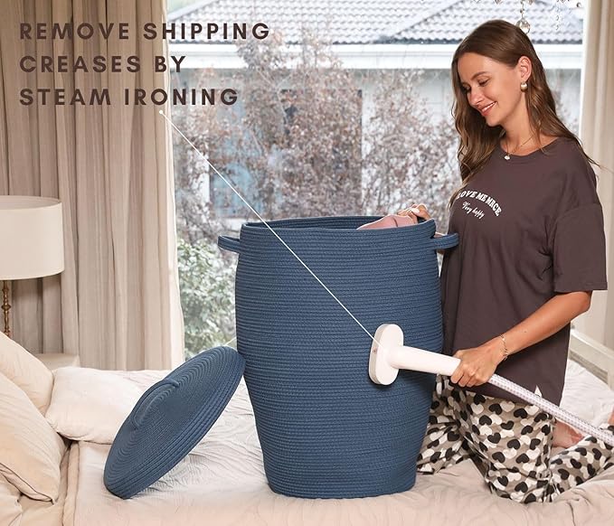 26"x20" Handcrafted Tall Cotton Rope Basket with Lid, Stylish Flagon Shape with Cover, Clothes Hamper with Top, for Bedroom and Living Room, All Dark Blue