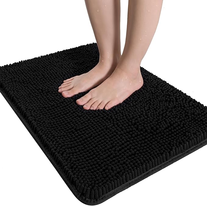 LOCHAS Luxury Bathroom Rug Shaggy Bath Mat 24 x 36 Inch, Washable Non Slip Bath Rugs for Bathroom Shower, Soft Plush Chenille Absorbent Carpets Mats, Black