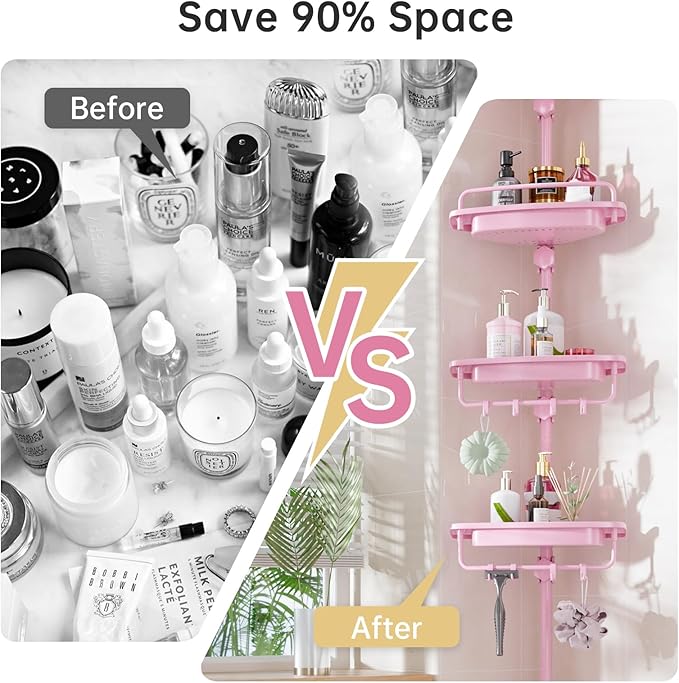 Sturdy Pink Corner Shower Caddy - 4 Tier Adjustable Organizer, Rustproof Stainless Steel, 32-122 Inch