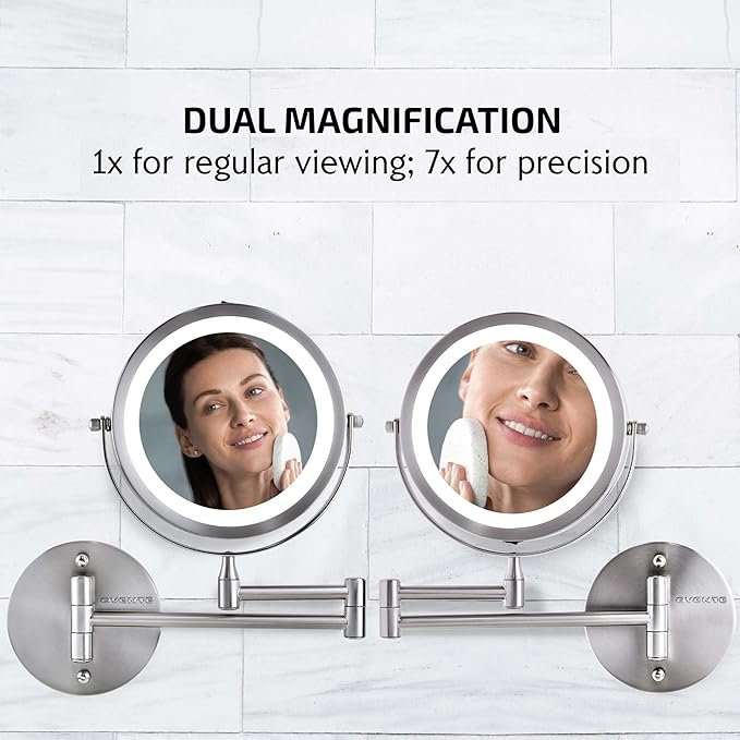 OVENTE Wall Mounted Lighted Makeup Mirror, 7" Double Sided 1X/7X Magnifying Vanity Mirror for Bathroom with LED Lights, Cordless, 360° Rotation and 13" Extendable Arm, Polished Chrome MFW70CH1X7X