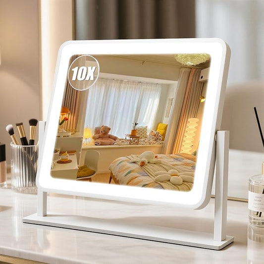 Vanity Mirror with Lights, 14"×12" LED Makeup Mirror, HD Professional Mirror, 10X Magnification, Smart Touch with 3-Color Lighting, Dimmable, 360° Rotation, Lighted Up for Makeup Desk, Bedroom (White)
