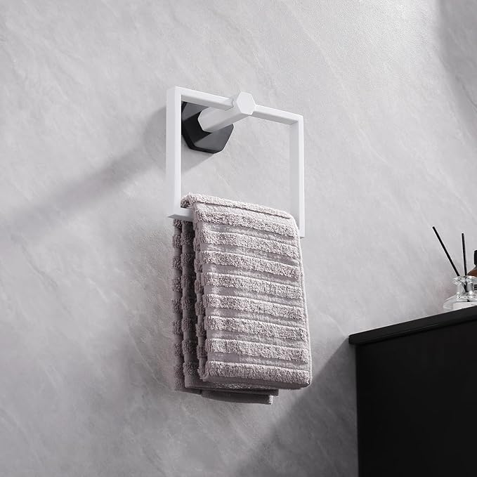 GERZWY Modern Towel Holder Modern Style White & Black Stainless Steel Towel Hanger Towel Ring for Bathroom Wall Mount