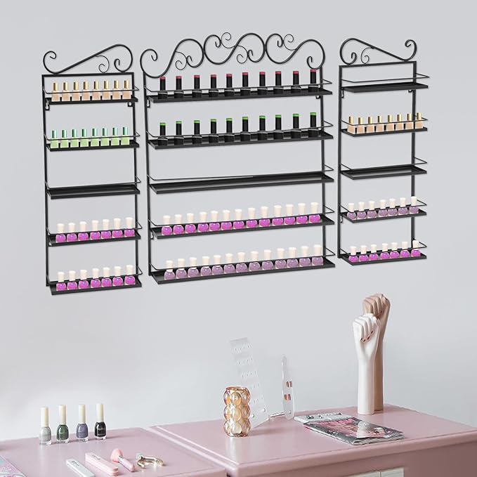 3PCS Nail Polish Racks, 4-Tier Wall-Mounted Metal Makeup Display Rack Wall Shelf Storage Organizer for Home Spa Nail Salon Lipstick Cosmetic Perfume, Black