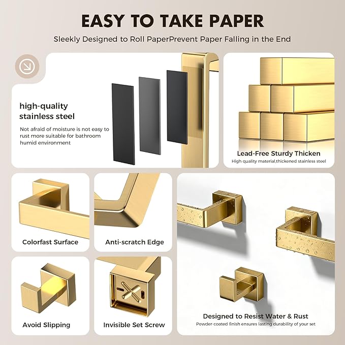Bathroom Accessory Towel Bar Set: 10 Pieces Gold Square Bathroom Hardware SUS304 Stainless Steel - 24 Inch Wall Mounted Towel Rack&Toilet Paper Holder&Towel Ring and Towel Hook