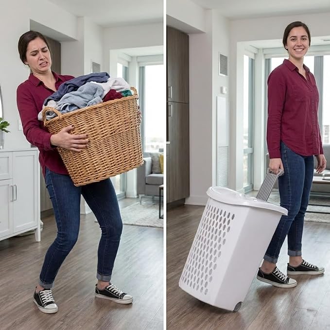 Laundry Hamper with Wheels and Lid, 2-Bushel Capacity, Plastic, White, Rolling Basket with Handle