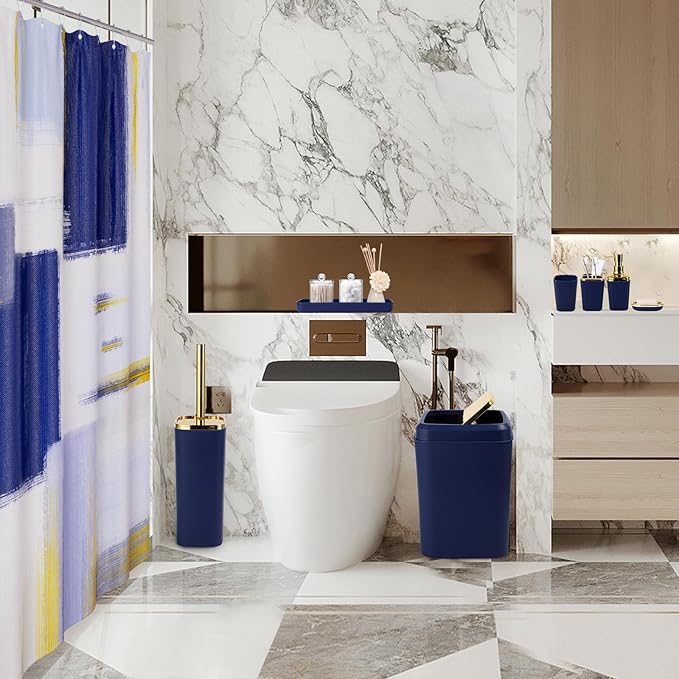 XLHOMO Blue and Gold Bathroom Accessories Set, Bathroom Sets with Shower Curtain, Blue Bathroom Accessories with Trash Can, Soap Dispenser, Soap Dish, Toilet Brush Holder, Qtip Holders for Bathroom