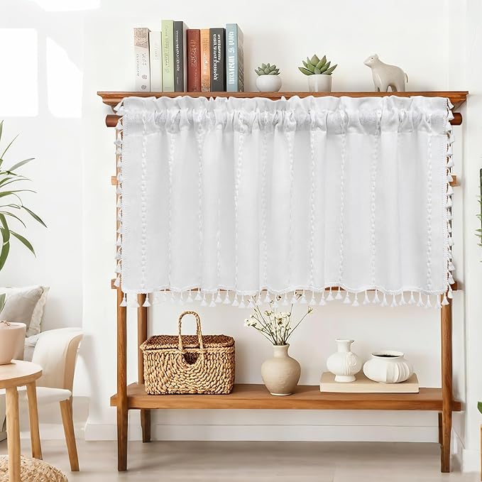 White Boho Farmhouse Valance Curtain with Tassels, 52 x 18 inch Linen Textured Window Curtain for Living Room, Striped Light Filtering Valance for Kitchen Bedroom Bathroom Rod Pocket