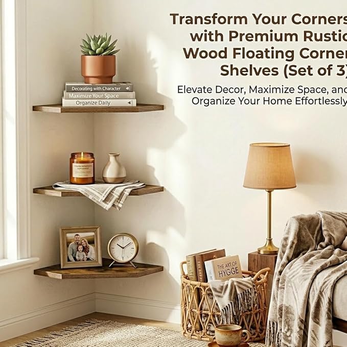 SUYU Set of 3 Floating Corner Shelves, 11.8" Rustic Wood Corner Shelf Wall Mounted, L-Shaped Corner Wall Shelf for Bathroom, Bedroom, Living Room, Kitchen, Office Organizer, Rustic Brown