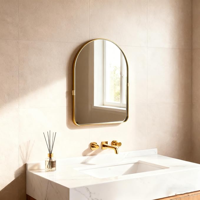 Funly mee Arched Wall Mirror, Wall-Mounted Plastic Mirror, for Bathroom and Vanity (Gold, 11.8 x 15.8)