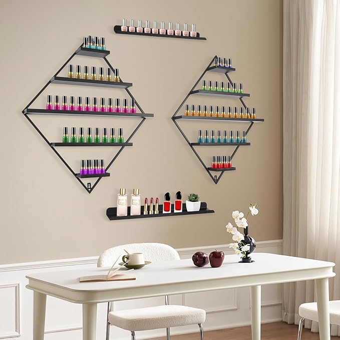4PCS Nail Polish Storage Racks, 5-Tier Wall-Mounted Metal Cosmetic Display Case Makeup Organizer Wall Shelf for Home Spa Nail Salon Perfume Lipstick (Black)